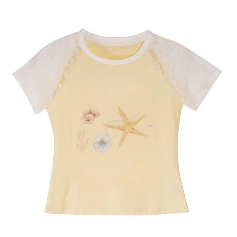 Yellow Starfish Print Ruffled T-Shirt