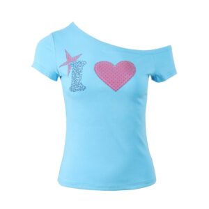 Heart-Patch Polka-Dot One-Shoulder T-Shirt — Blue