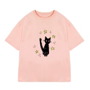 Star & Black Cat Print T-Shirt — Pink
