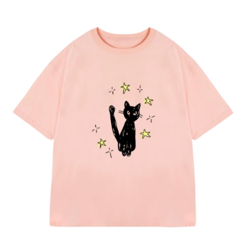 Star & Black Cat Print T-Shirt — Pink