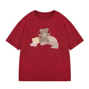 Unique Bear Print Versatile T-Shirt — Red